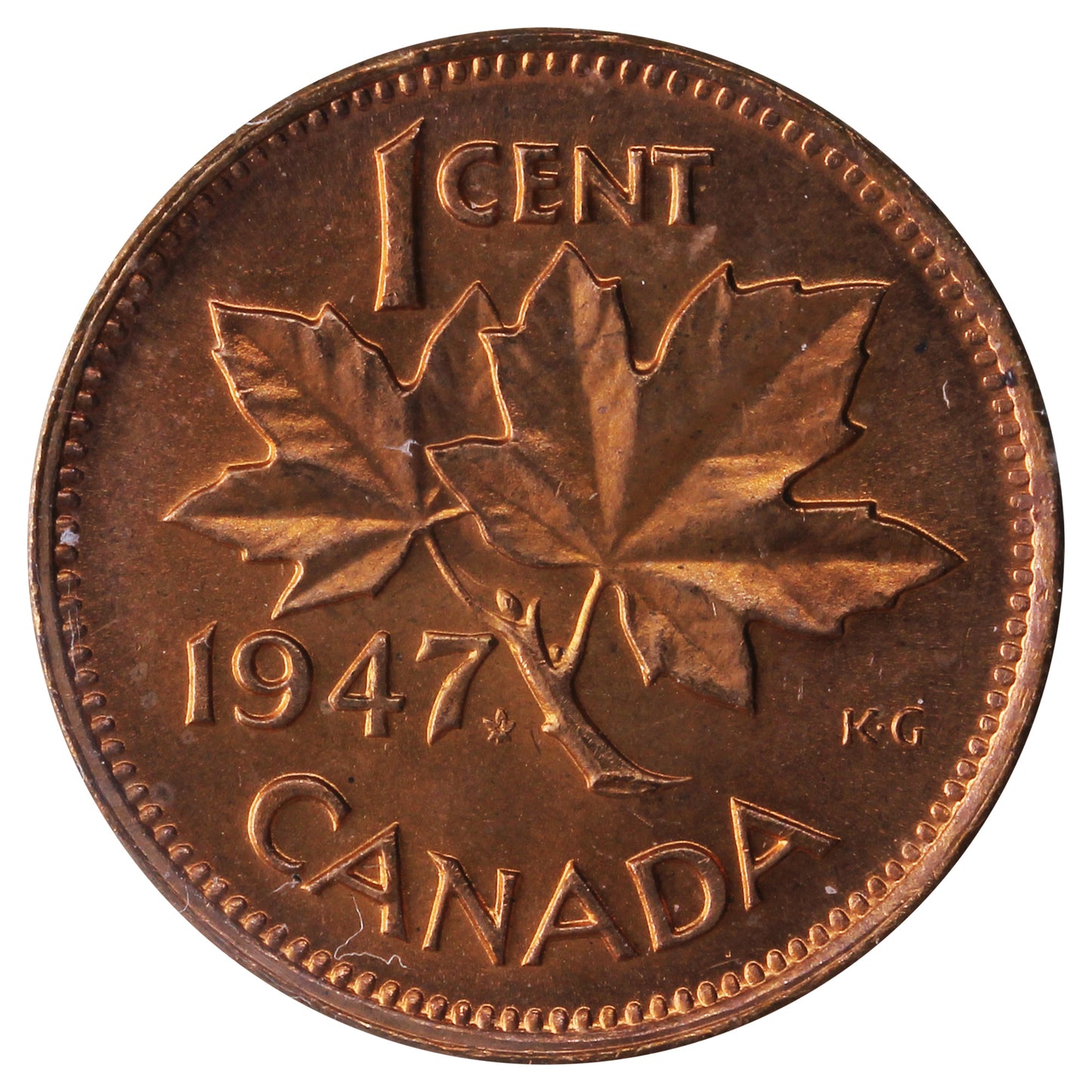 1947 Maple Leaf Blunt 7 Canada 1-cent ICCS Certified MS64 Red