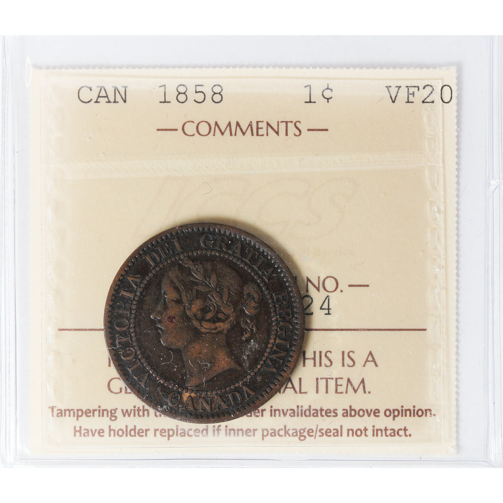 1858 Canada 1-cent ICCS Certified VF-20