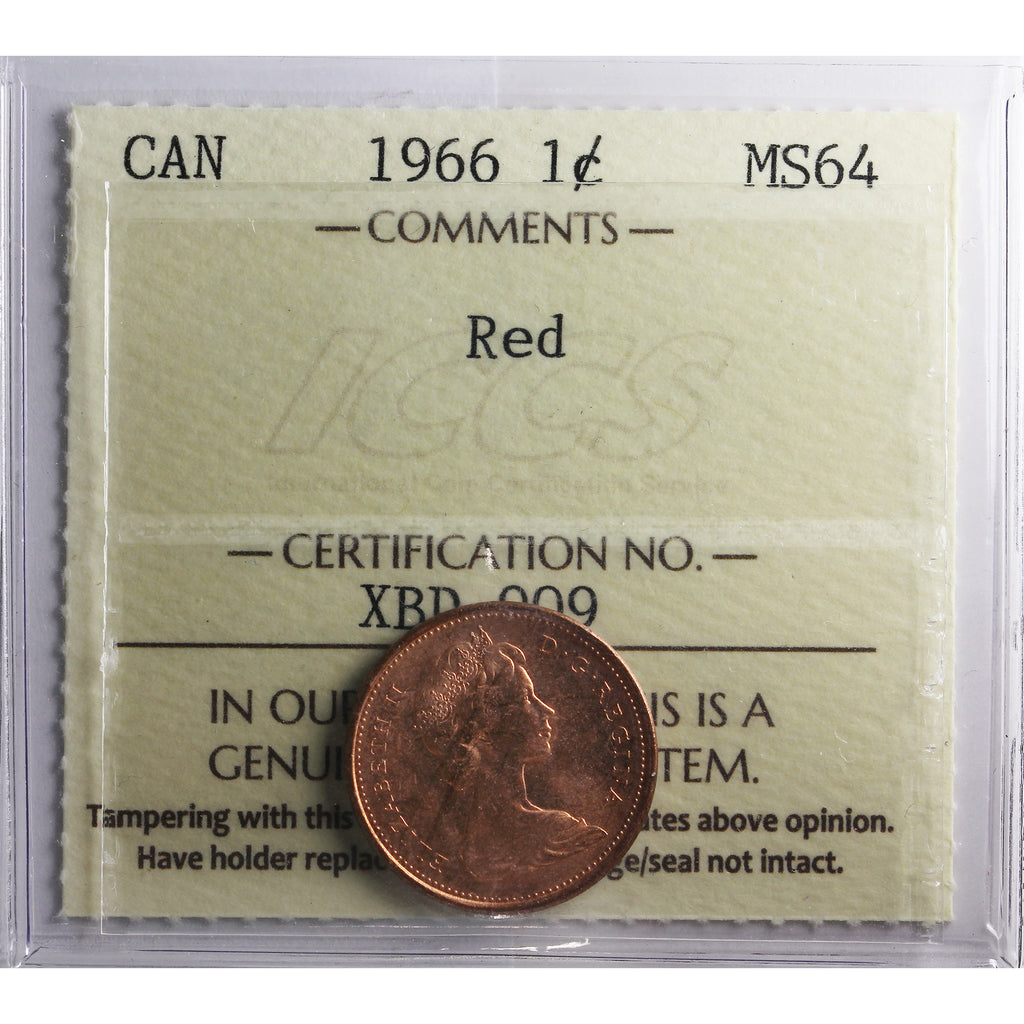 1966 Canada 1-cent ICCS Certified MS64 Red