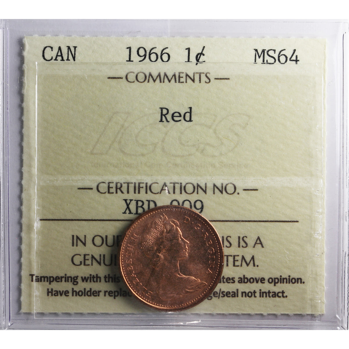 1966 Canada 1-cent ICCS Certified MS64 Red