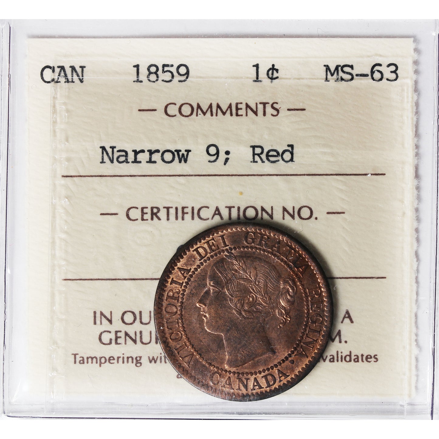 1859 Narrow 9 Canada 1-cent ICCS Certified MS63 Red (CL 290)