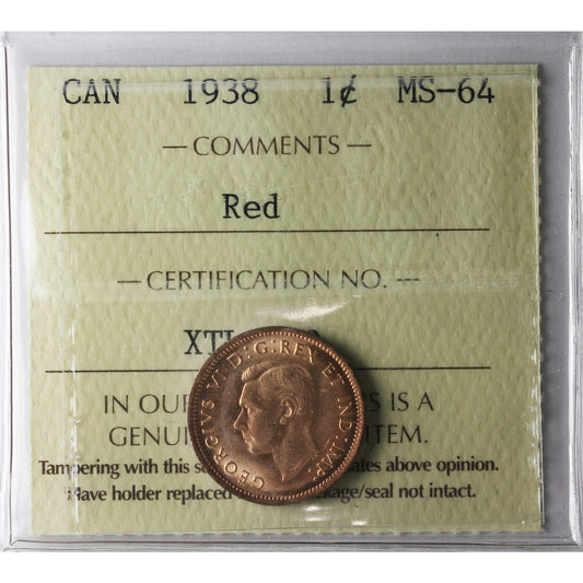 1938 Canada 1-cent ICCS Certified MS64 Red
