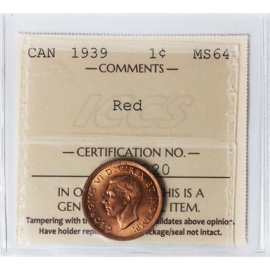 1939 Canada 1-cent ICCS Certified MS64 Red