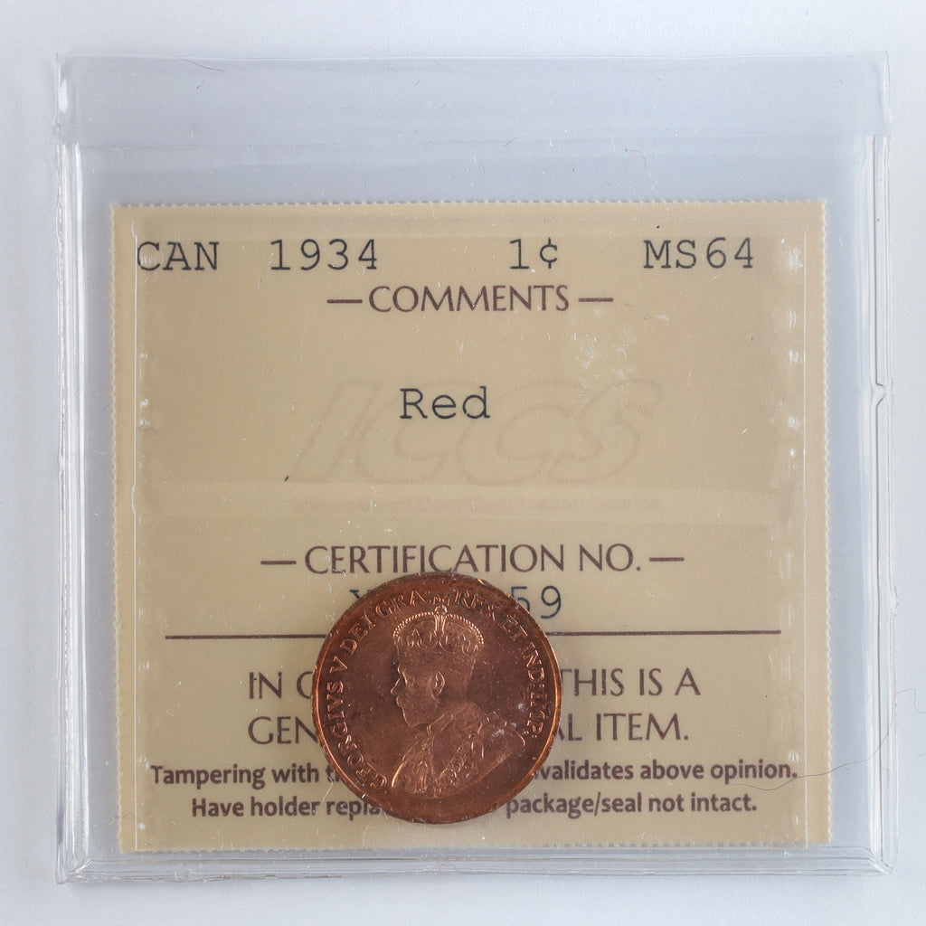 1934 Canada 1-cent ICCS Certified MS64 Red