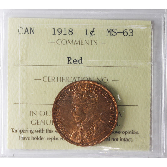 1918 Canada 1-cent ICCS Certified MS63 Red
