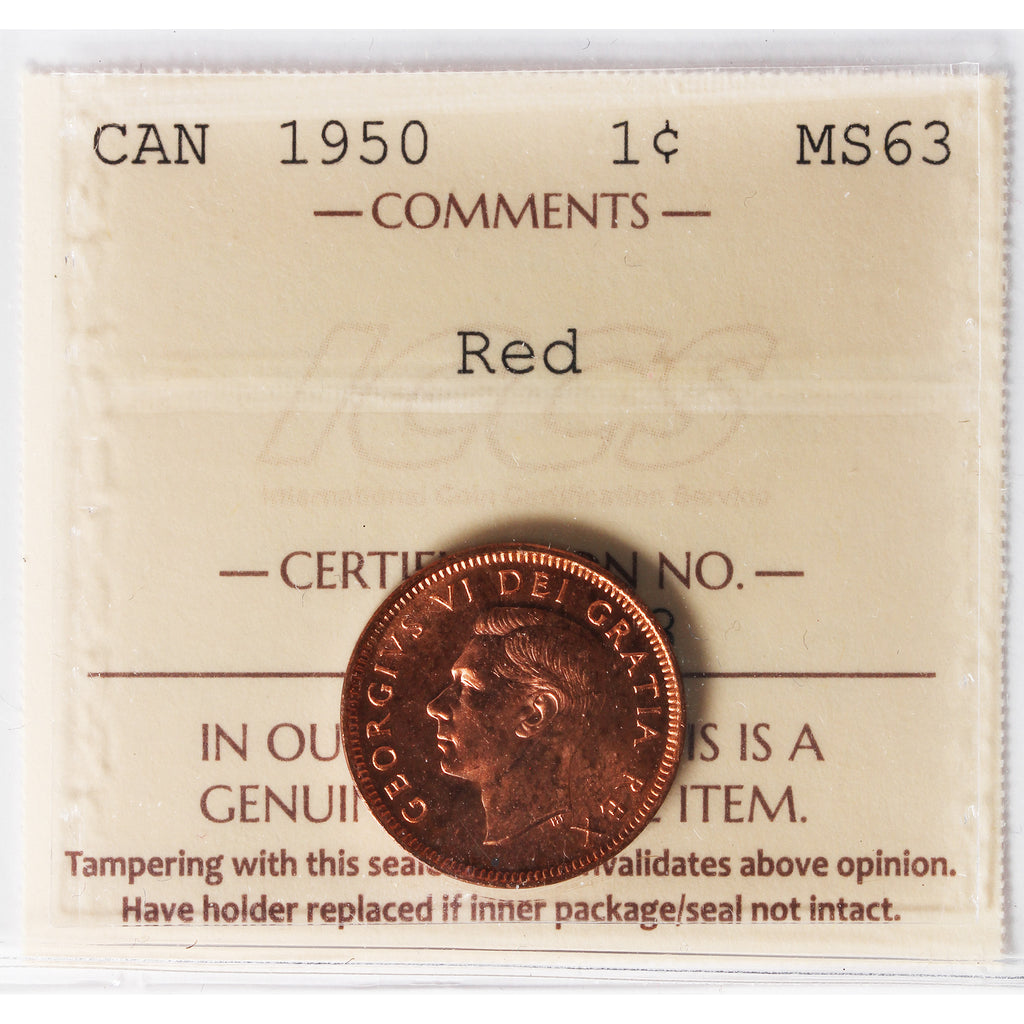 1950 Canada 1-cent ICCS Certified MS63 Red