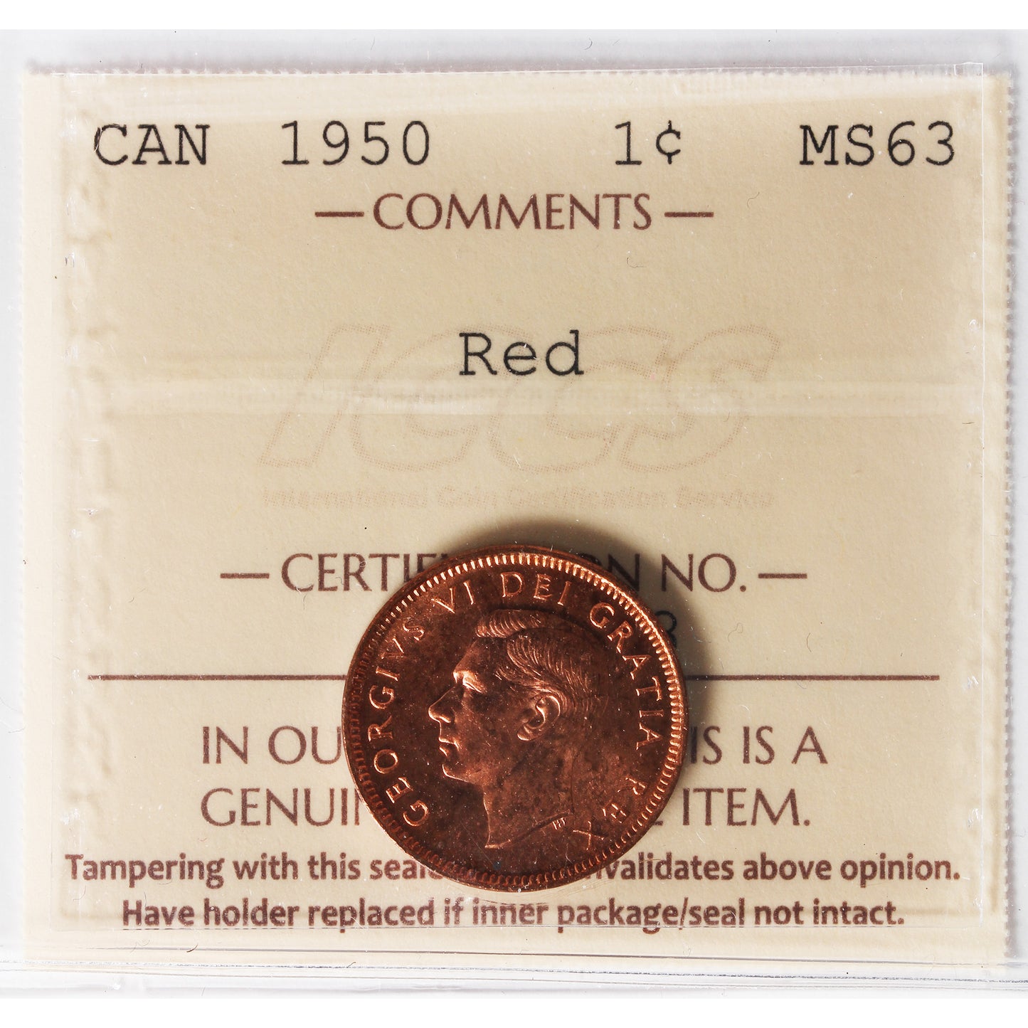 1950 Canada 1-cent ICCS Certified MS63 Red