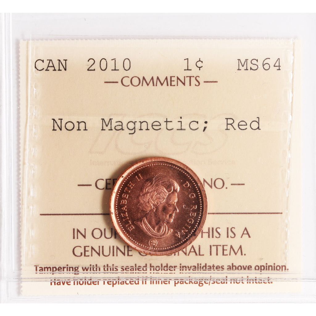 2010 Non-Magnetic Canada 1-cent ICCS Certified MS64 Red