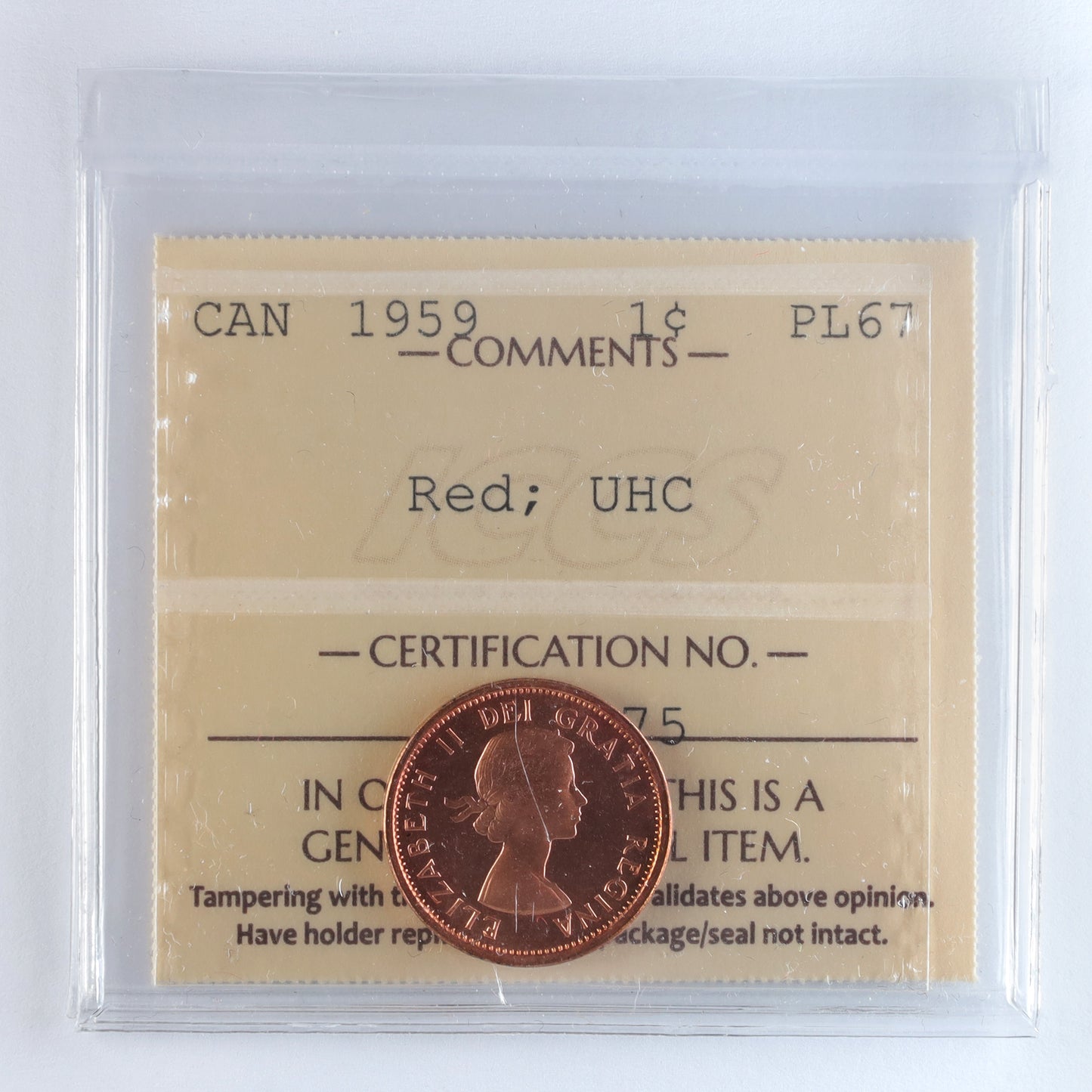 1959 Canada 1-cent ICCS Certified PL67 Red, UHC