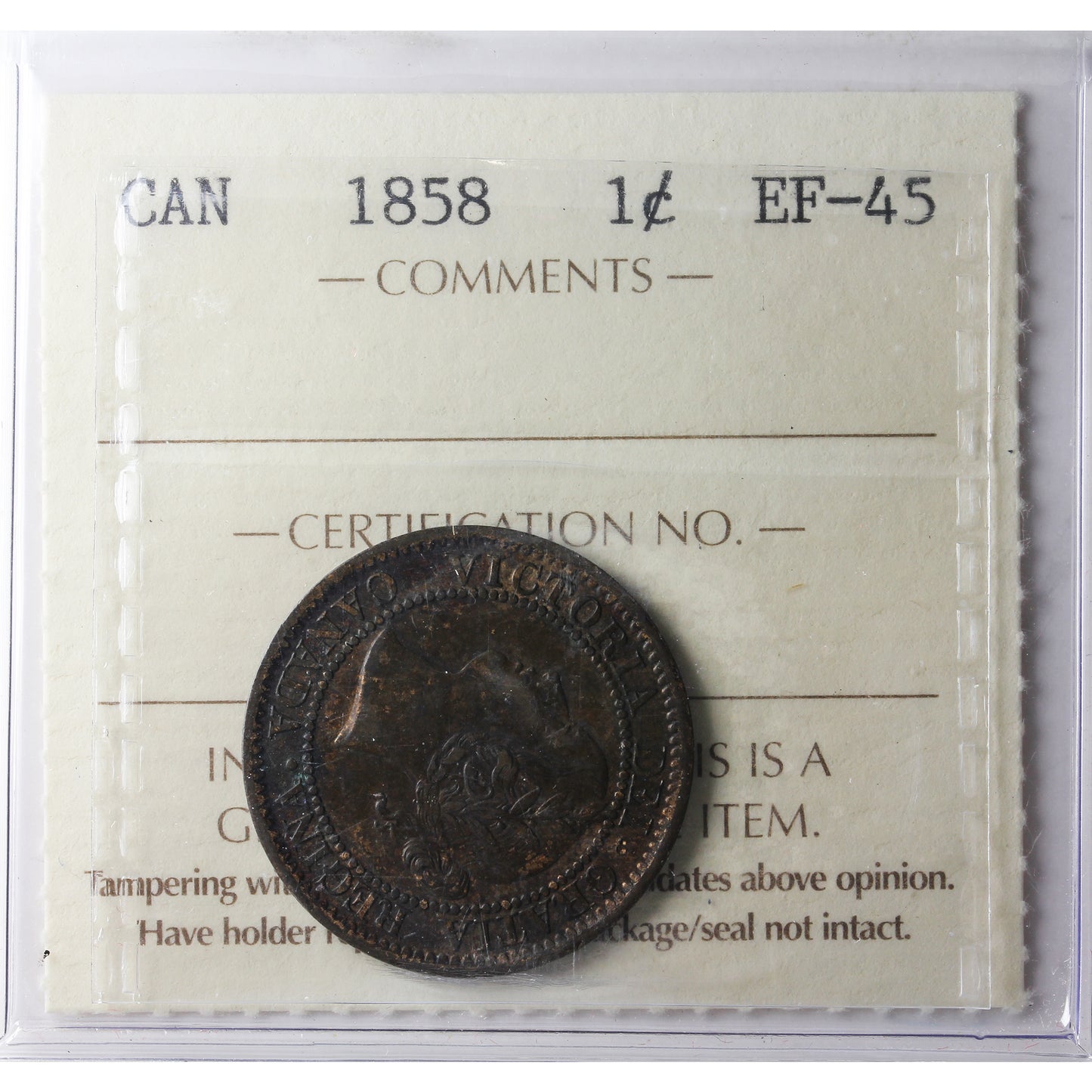 1858 Canada 1-cent ICCS Certified EF45