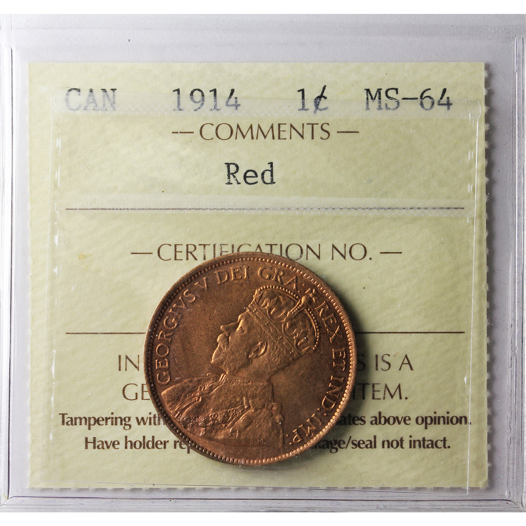 1914 Canada 1-cent ICCS Certified MS64 Red (UT 877)
