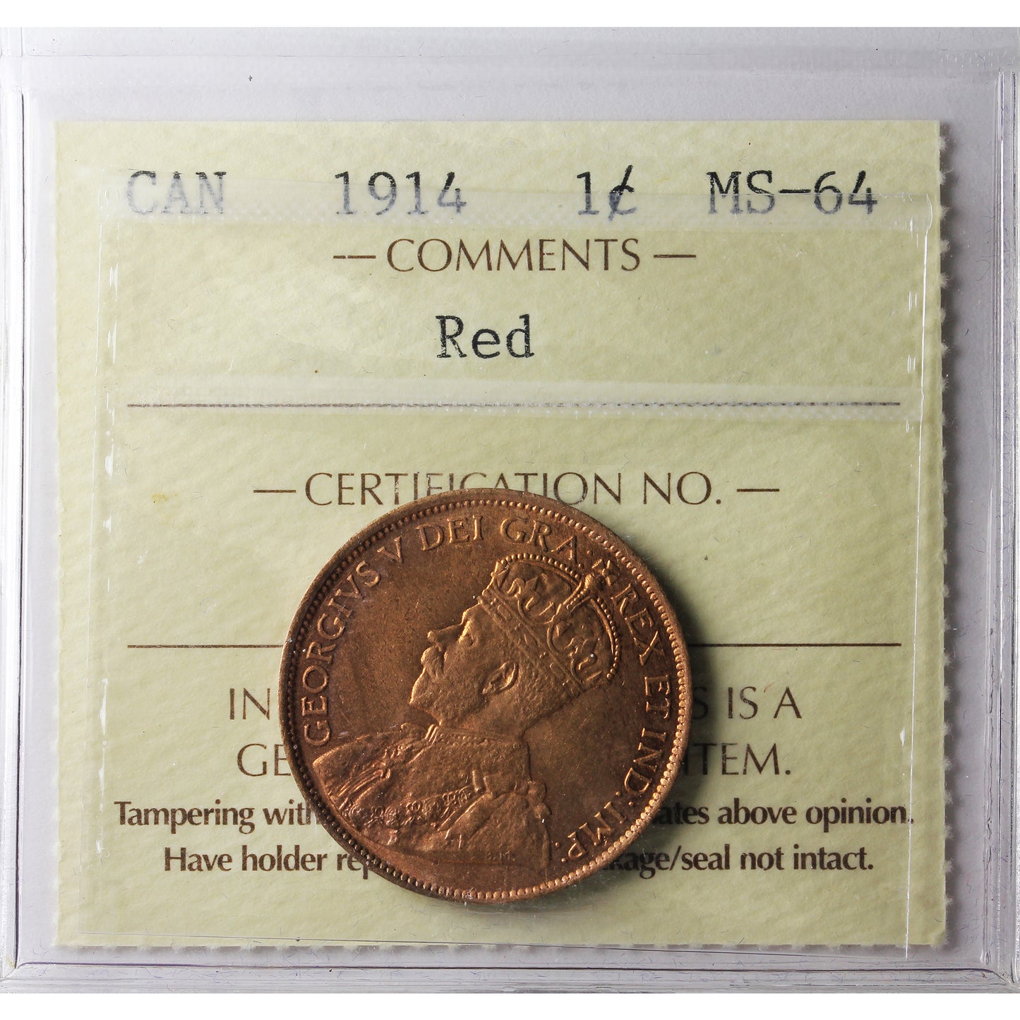 1914 Canada 1-cent ICCS Certified MS64 Red (UT 877)