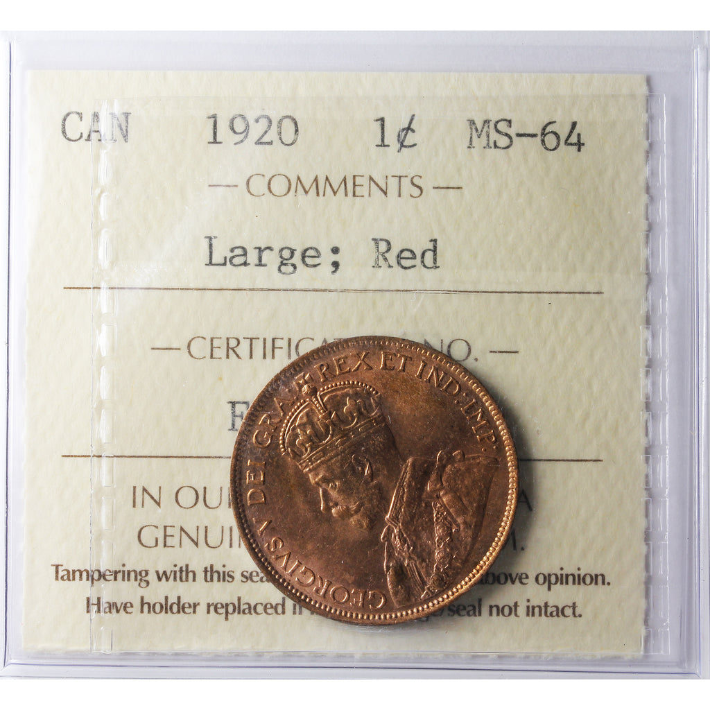 1920 Large Canada 1-cent ICCS Certified MS64 Red