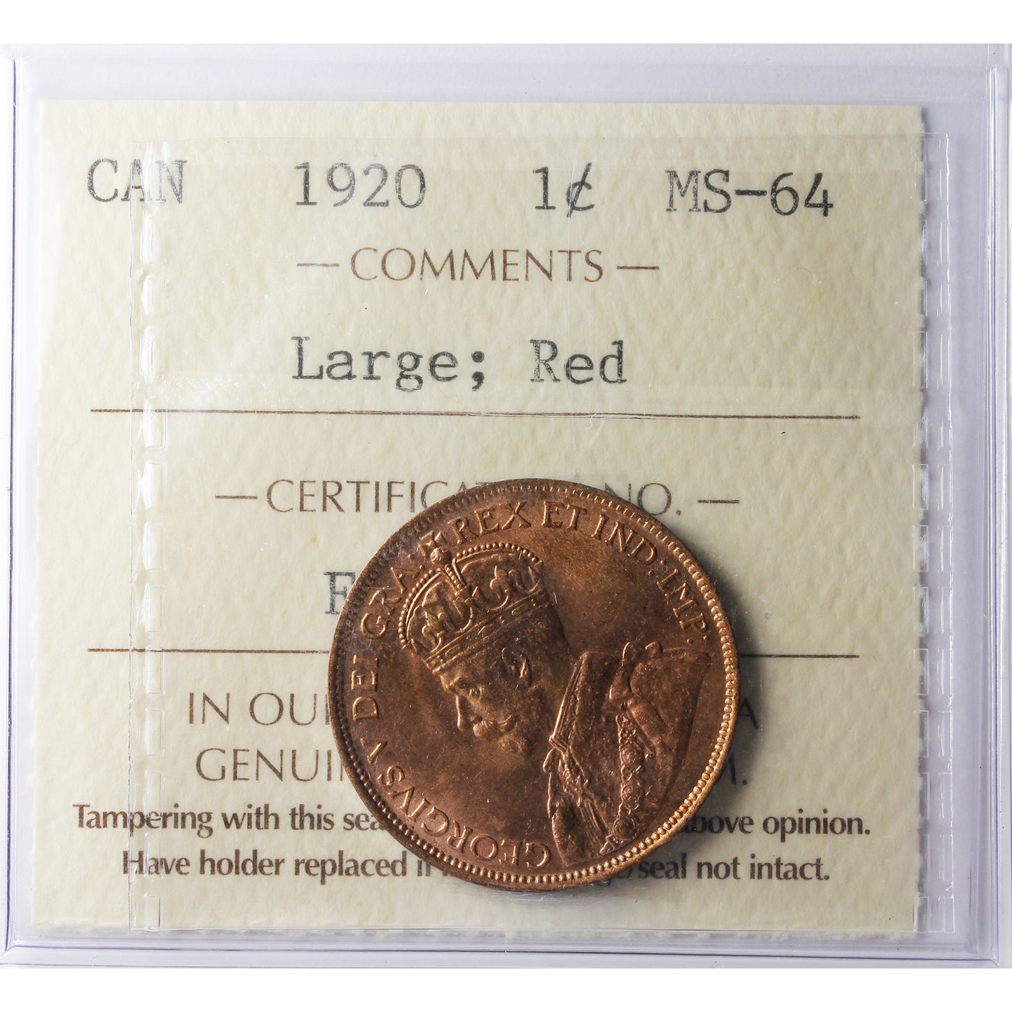1920 Large Canada 1-cent ICCS Certified MS64 Red