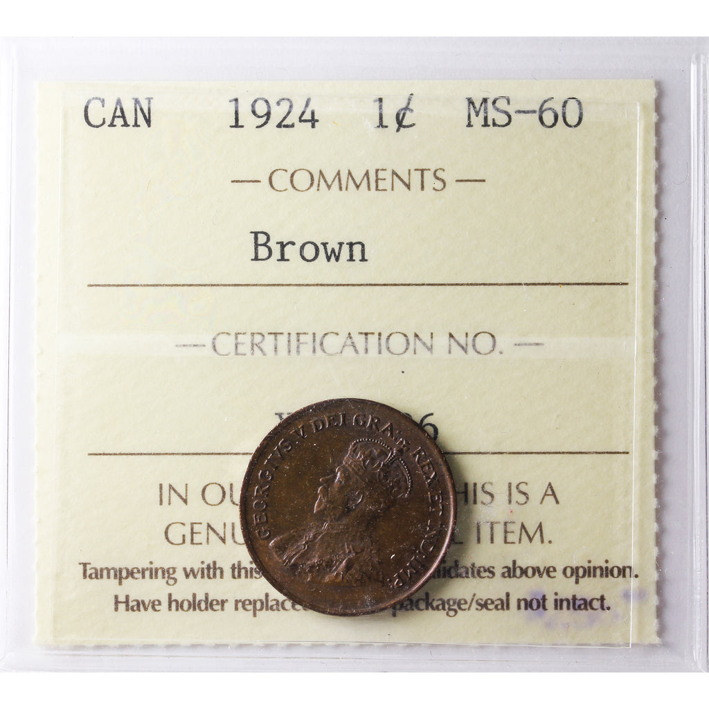 1924 Canada 1-cent ICCS Certified MS60 Brown
