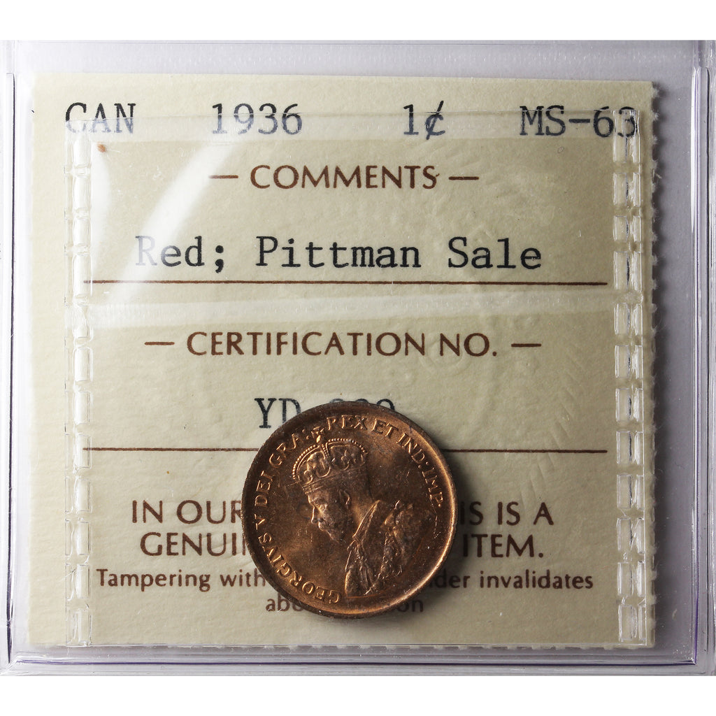 1936 Canada 1-cent ICCS Certified MS63 Red; Pittman Sale