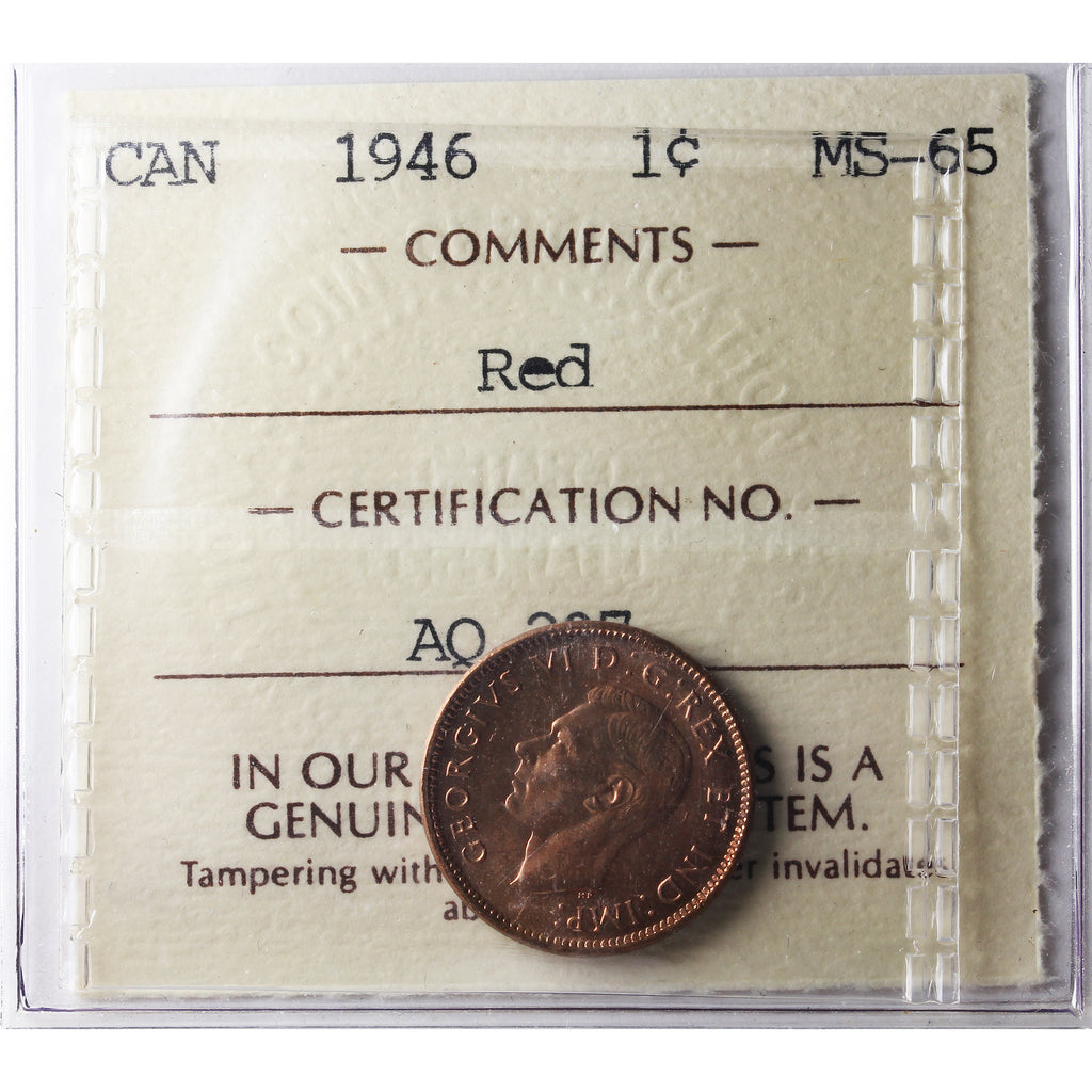 1946 Canada 1-cent ICCS Certified MS65 Red