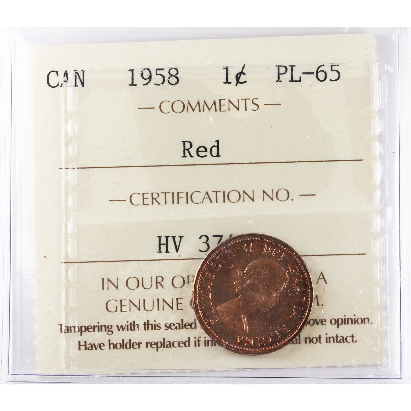 1958 Canada 1-cent ICCS Certified PL65 Red