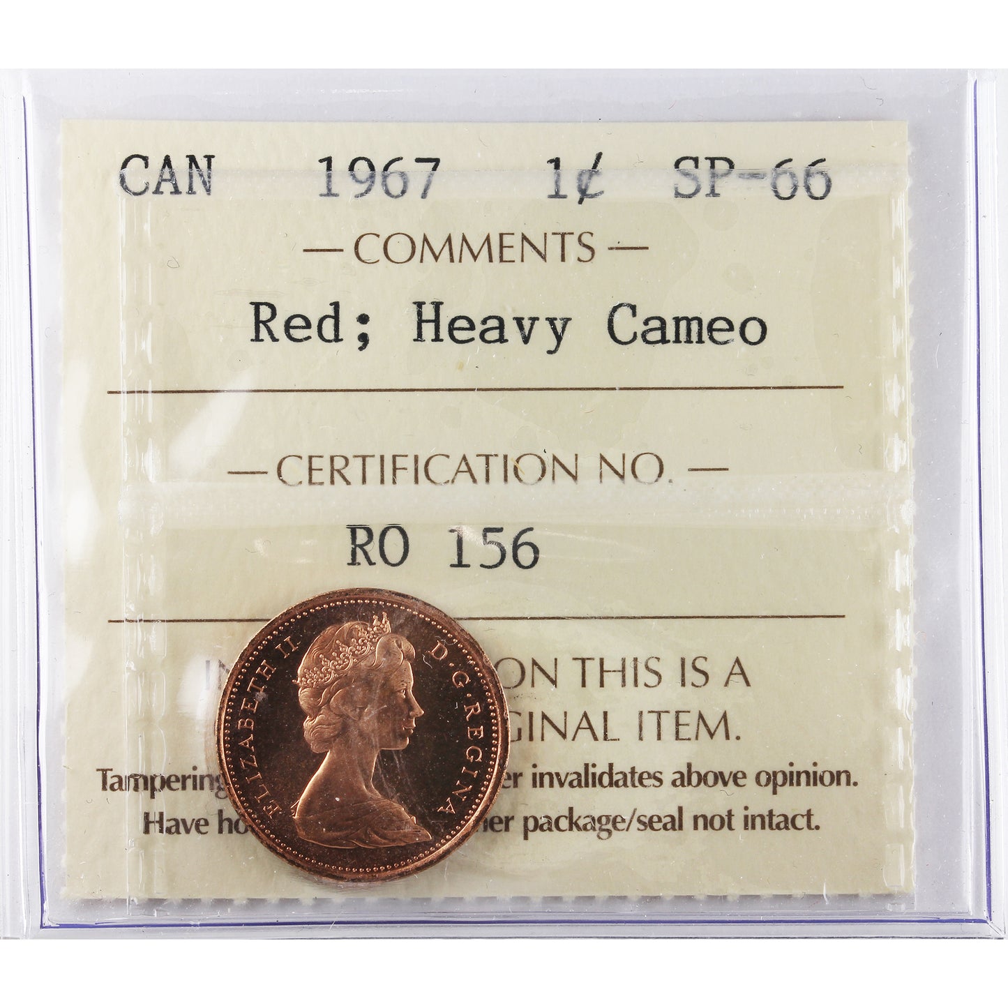 1967 Canada 1-cent ICCS Certified SP66 Red; Heavy Cameo