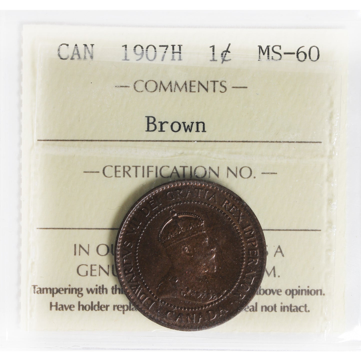1907H Canada 1-cent ICCS Certified MS60 Brown (XAJ 976)