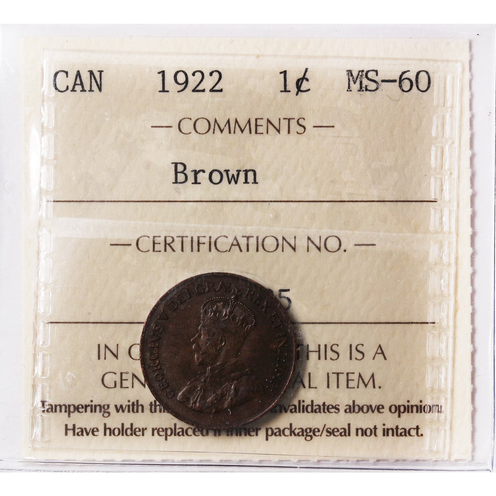 1922 Canada 1-cent ICCS Certified MS60 Brown (IG 285)