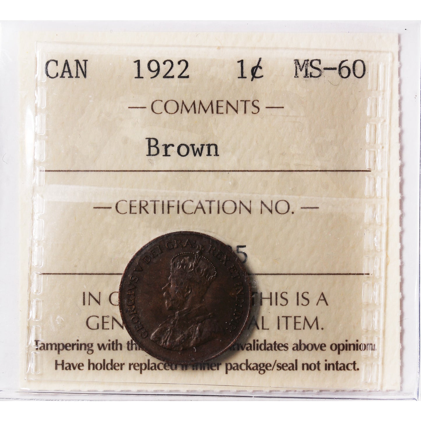 1922 Canada 1-cent ICCS Certified MS60 Brown (IG 285)