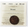 1923 Canada 1-cent ICCS Certified MS60 Brown (XMD 729)