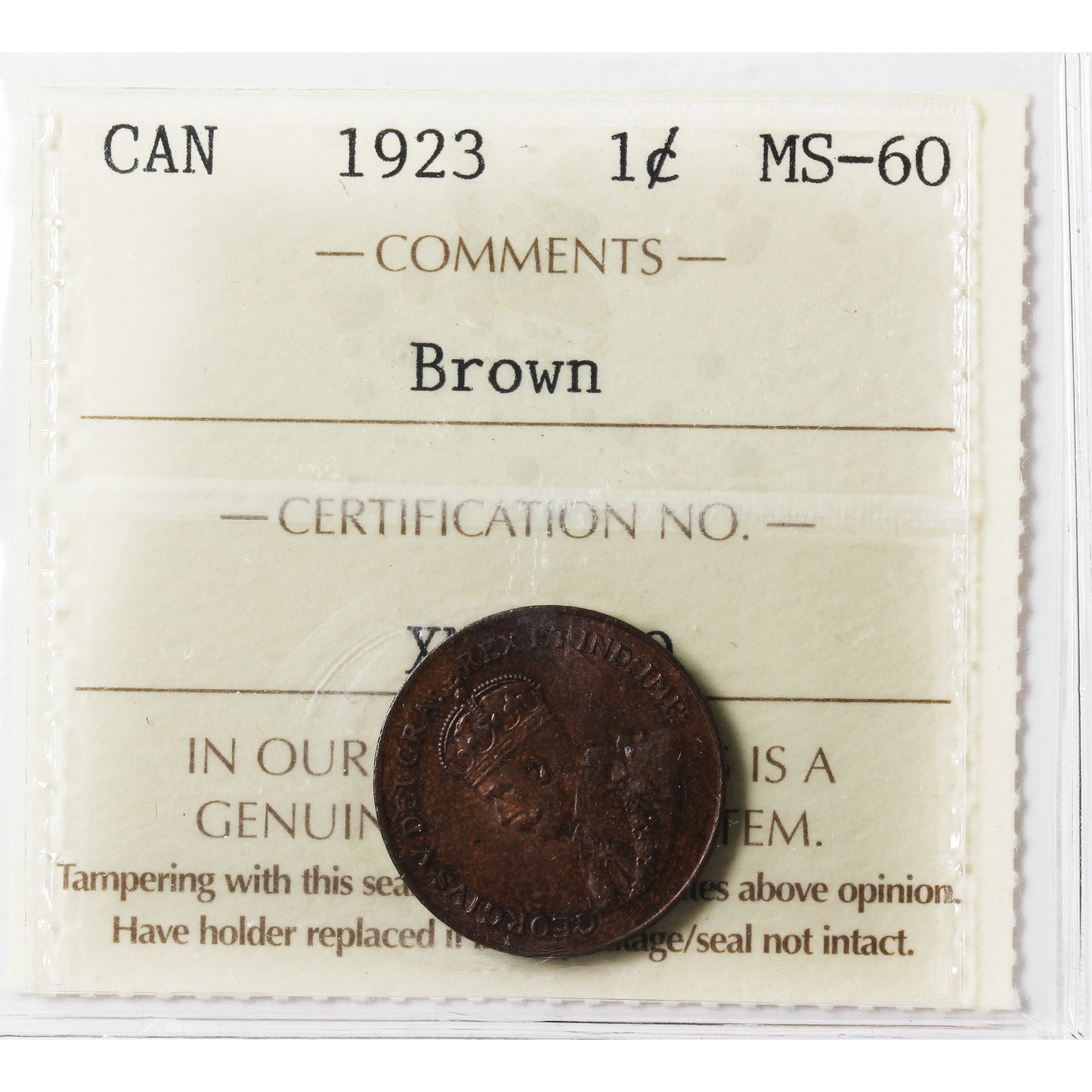 1923 Canada 1-cent ICCS Certified MS60 Brown (XMD 729)