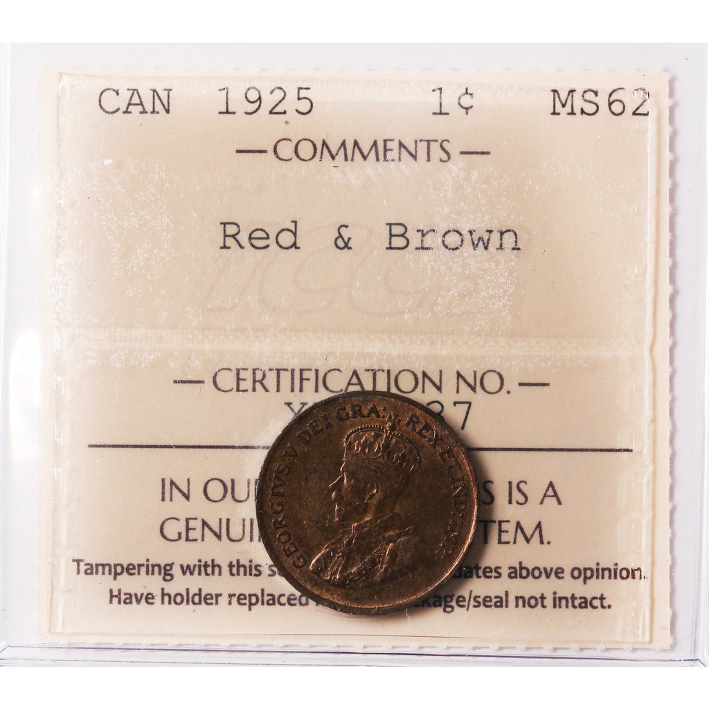 1925 Canada 1-cent ICCS Certified MS62 Red & Brown (XYS 137)