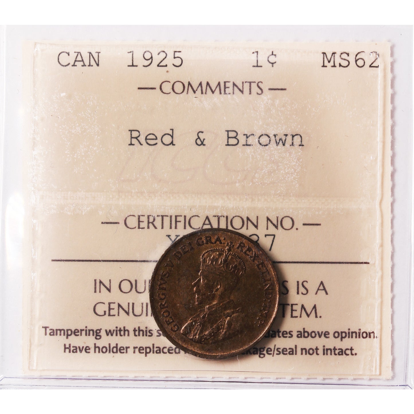 1925 Canada 1-cent ICCS Certified MS62 Red & Brown (XYS 137)