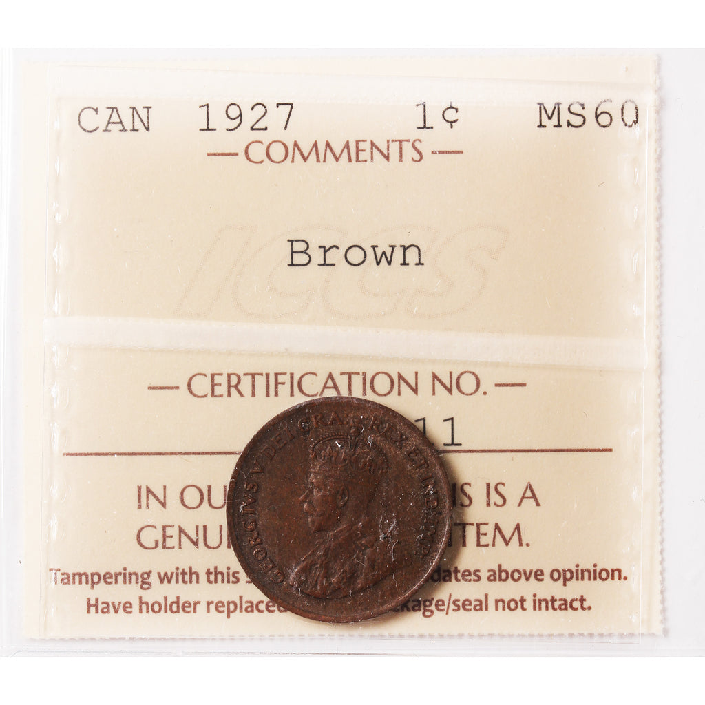 1927 Canada 1-cent ICCS Certified MS60 Brown