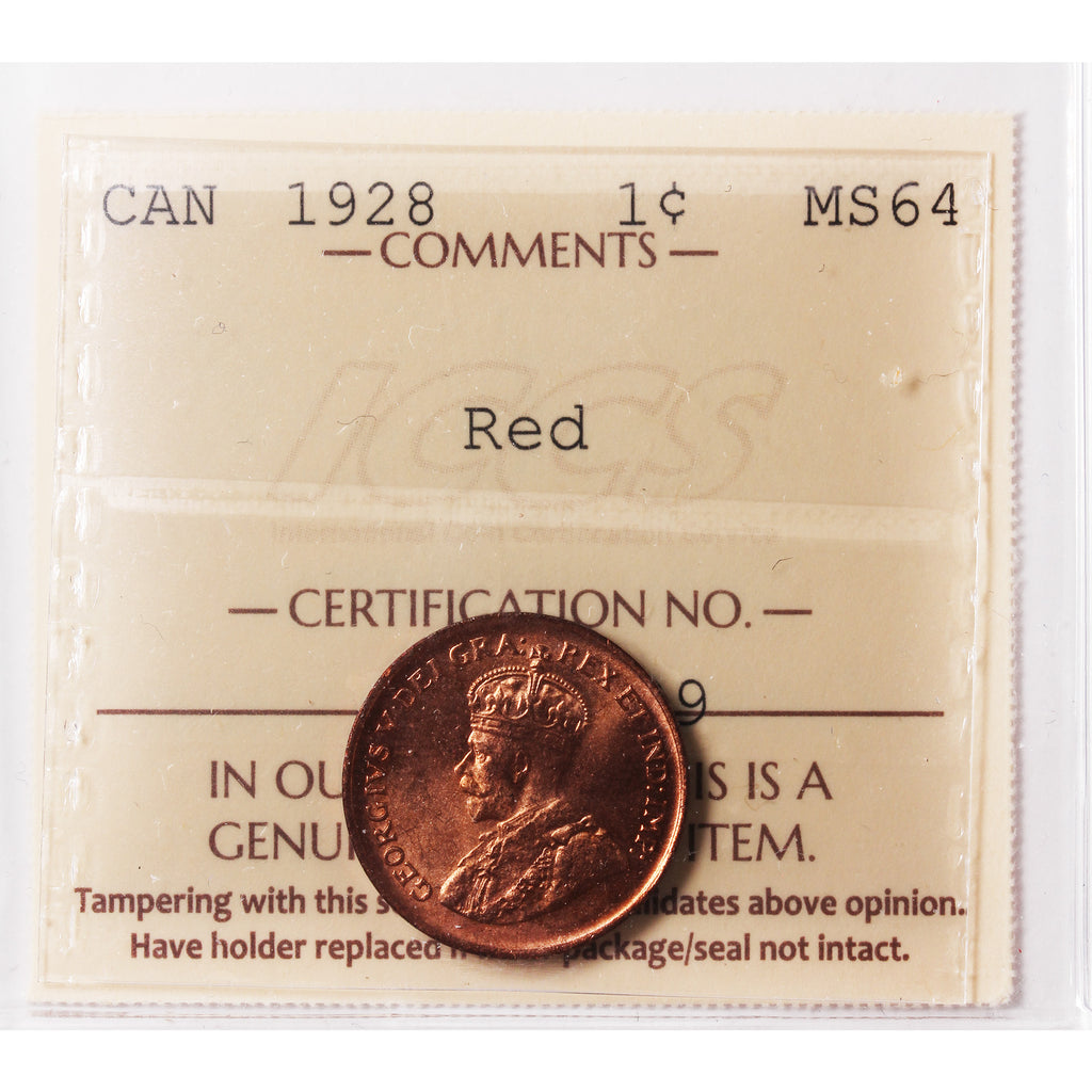 1928 Canada 1-cent ICCS Certified MS64 Red (XAM 239)