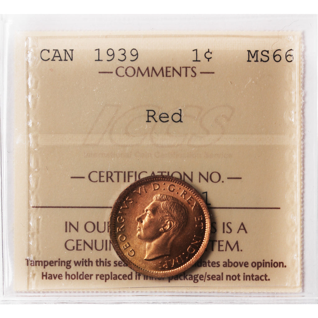 1939 Canada 1-cent ICCS Certified MS66 Red (XVR 321)