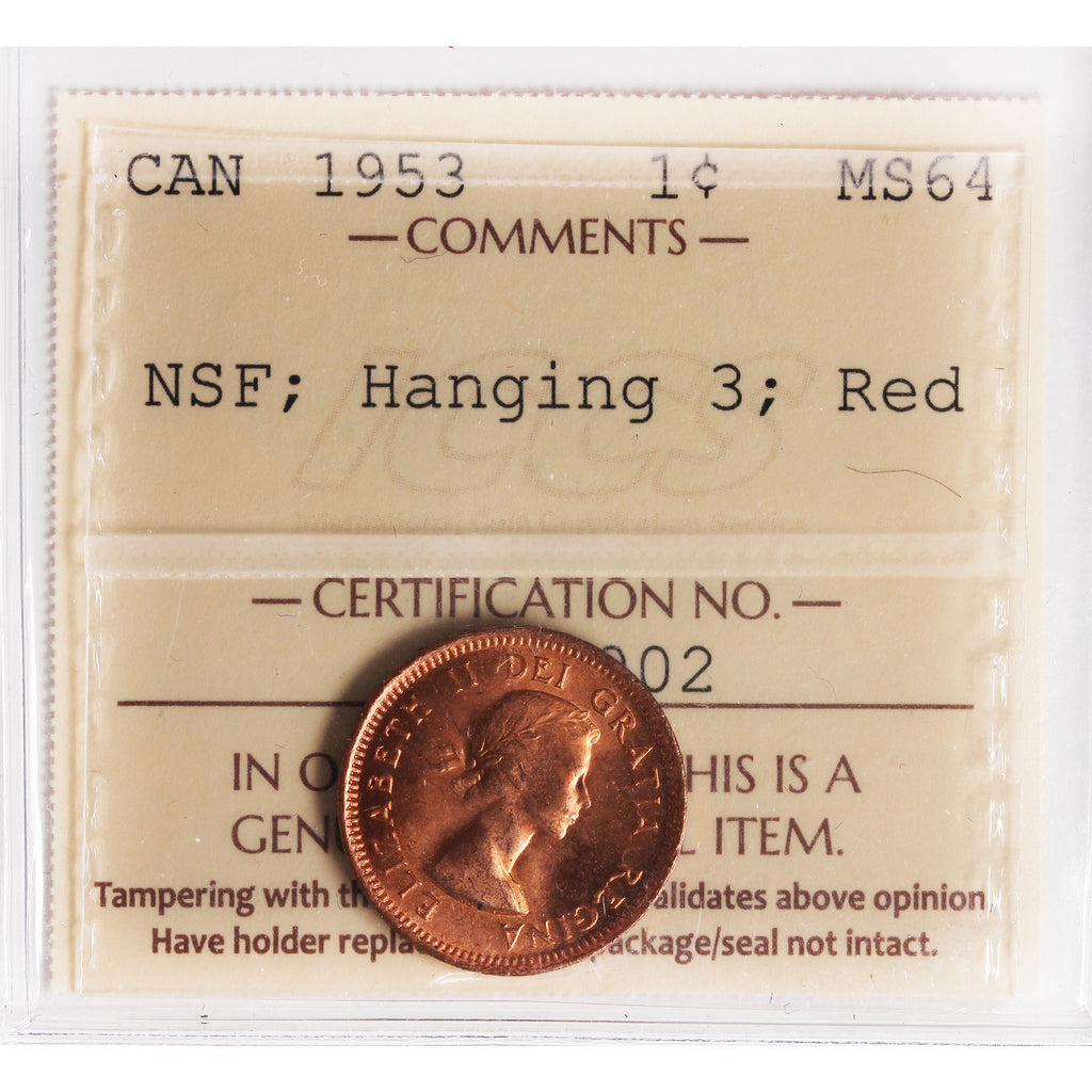 1953 NSF, Hanging 3 Canada 1-cent ICCS Certified MS64 Red