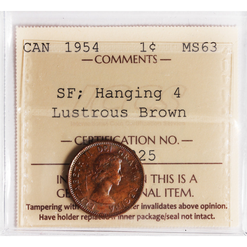 1954 SF, Hanging 4 Canada 1-cent ICCS Certified MS63 Lustrous Brown