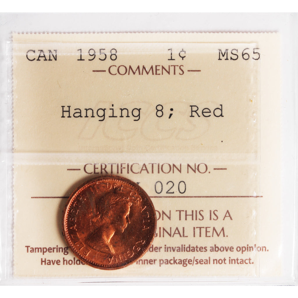 1958 Hanging 8 Canada 1-cent ICCS Certified MS65 Red