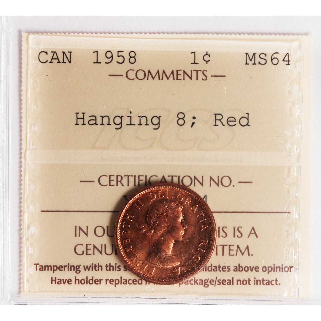 1958 Hanging 8 Canada 1-cent ICCS Certified MS64 Red