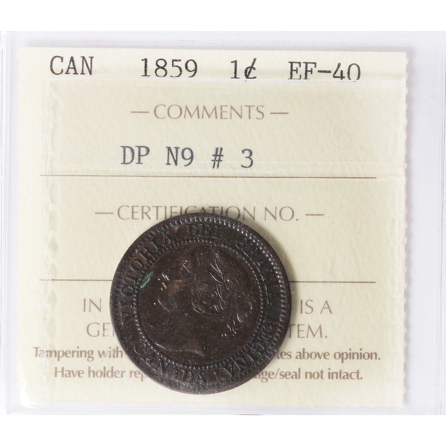 1859 DP N9 #3 Canada 1-cent ICCS Certified EF40