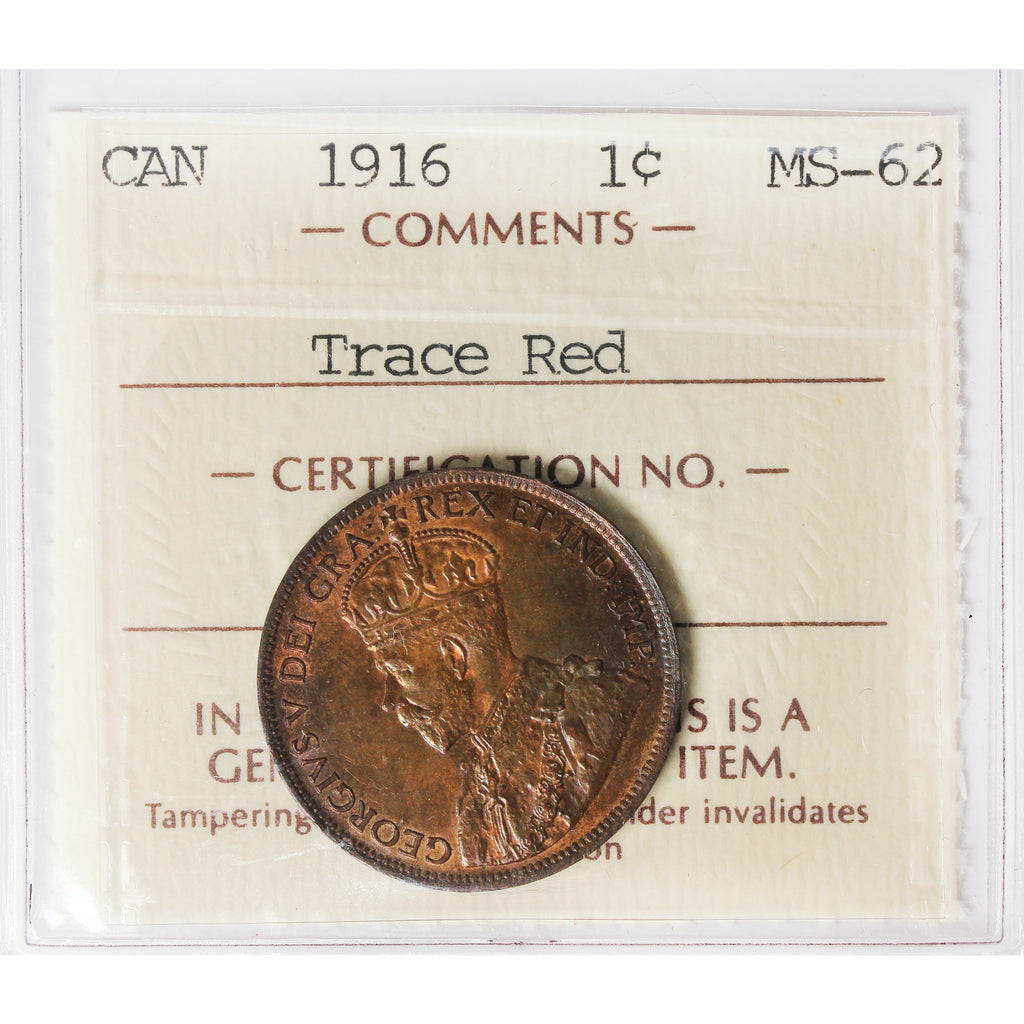 1916 Canada 1-cent ICCS Certified MS62 Trace Red