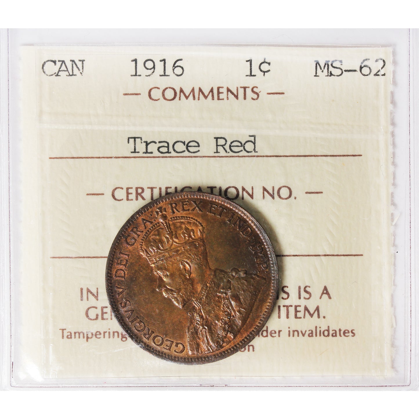 1916 Canada 1-cent ICCS Certified MS62 Trace Red