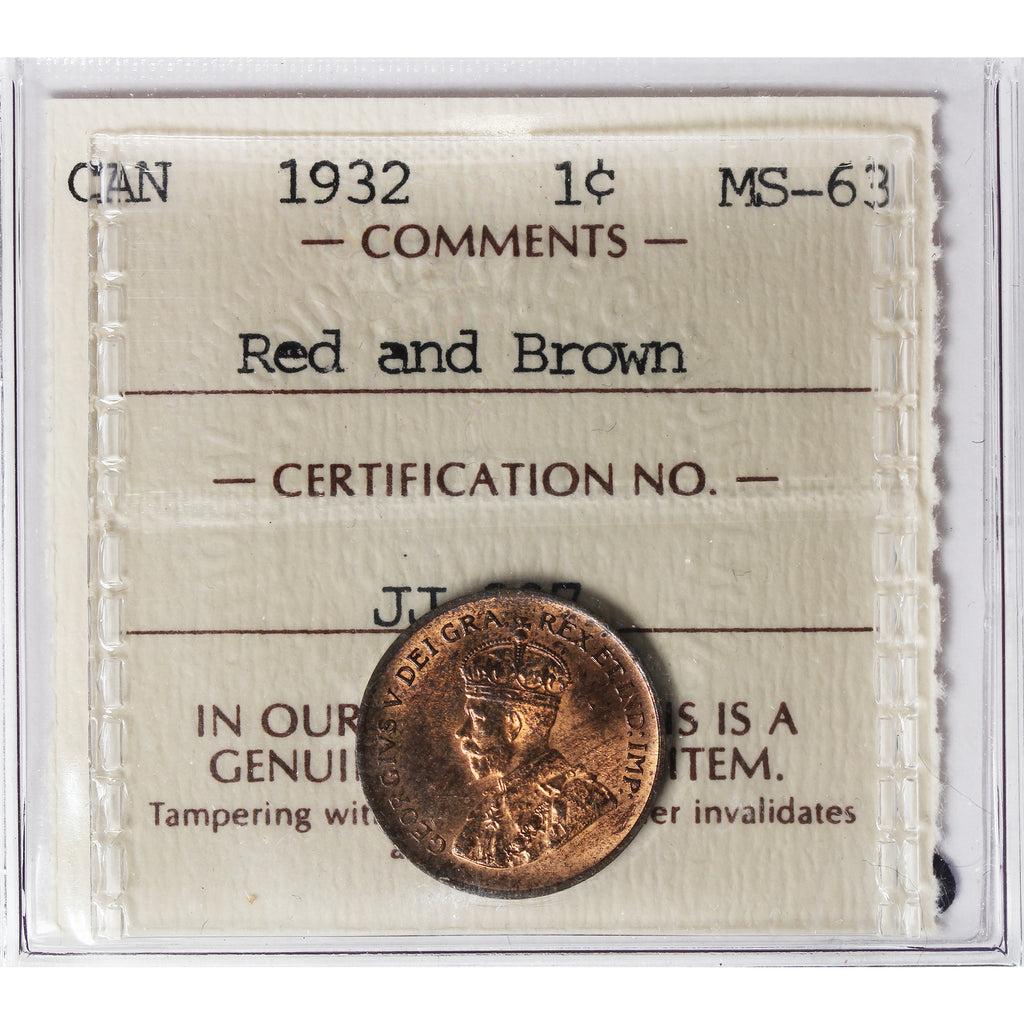 1932 Canada 1-cent ICCS Certified MS63 Red and Brown