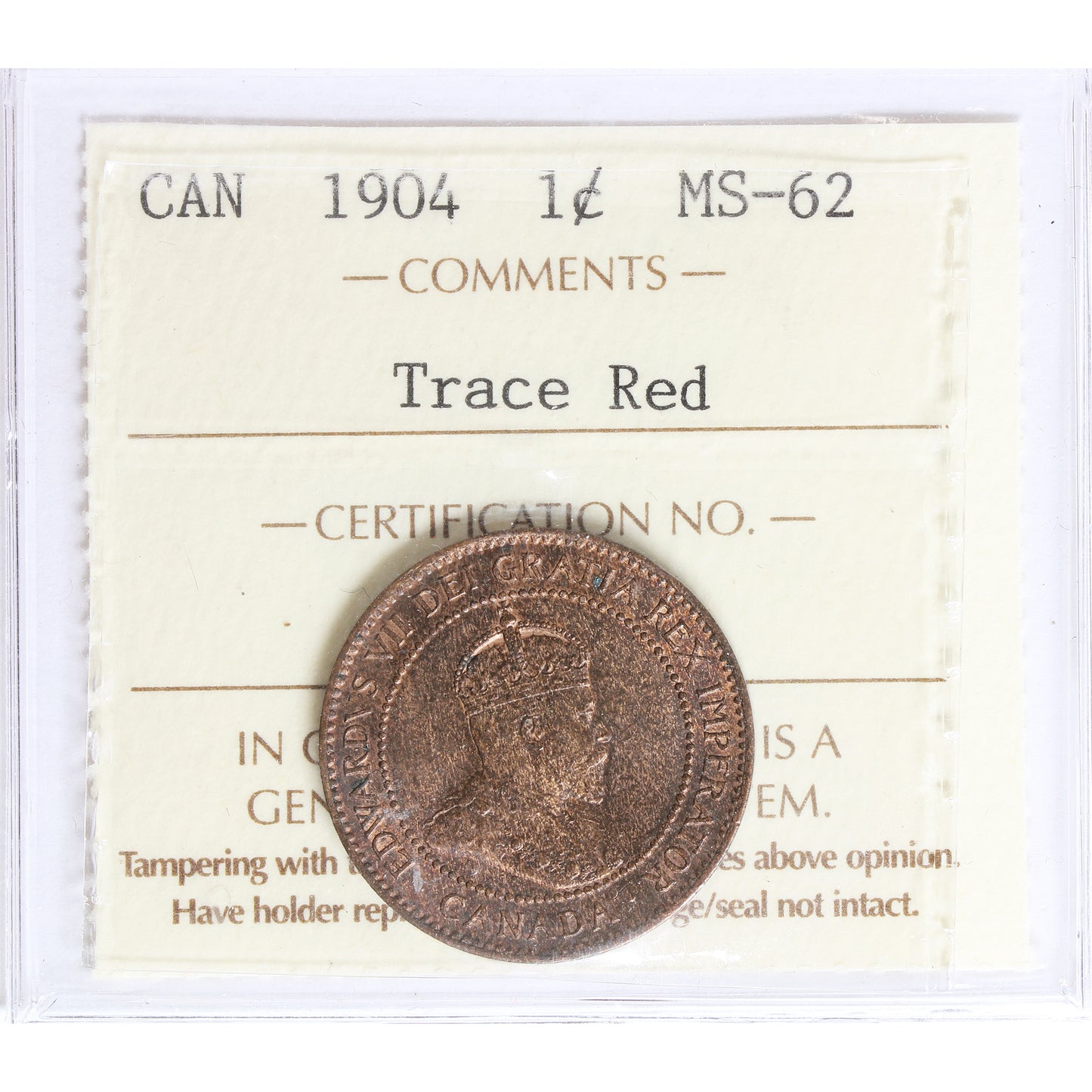 1904 Canada 1-cent ICCS Certified MS62 Trace Red
