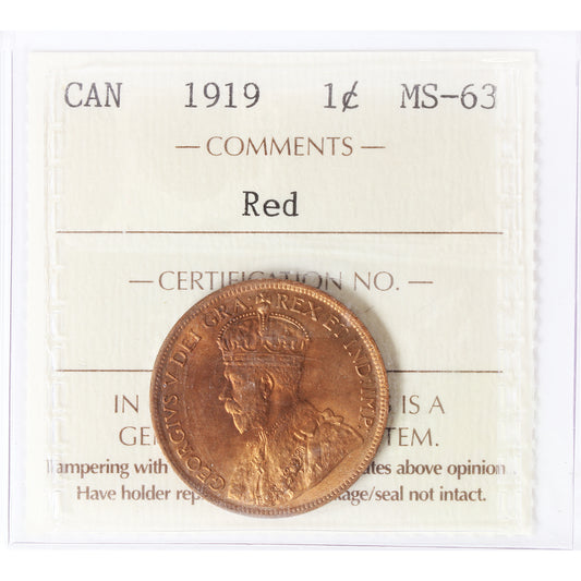 1919 Canada 1-cent ICCS Certified MS65 Red