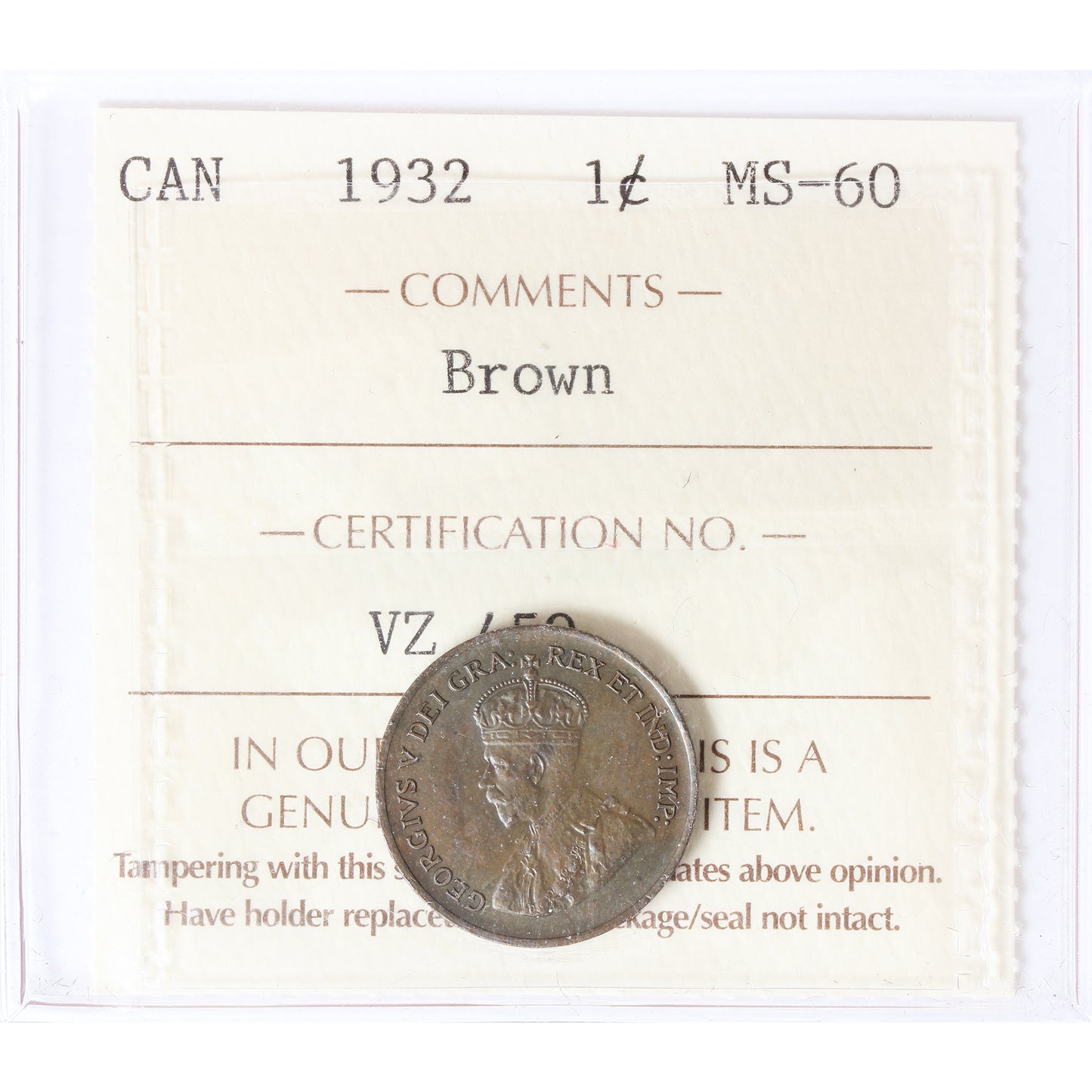 1932 Canada 1-cent ICCS Certified MS60 Brown
