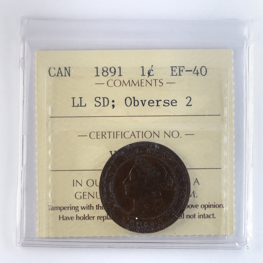 1891 LLSD, Obv. 3 Canada 1-cent ICCS Certified AU50