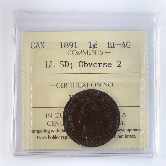 1891 LLSD, Obv. 3 Canada 1-cent ICCS Certified AU50