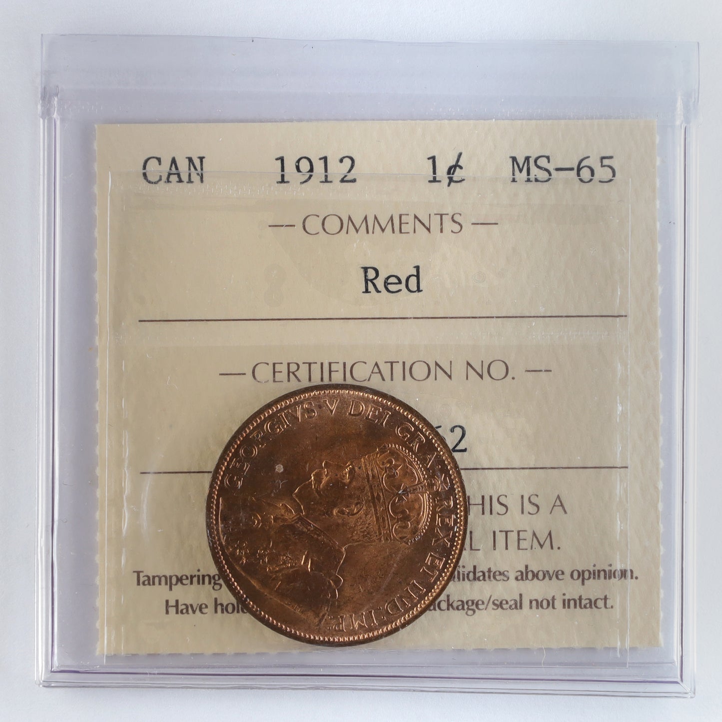 1912 Canada 1-cent ICCS Certified MS65 Red (HU 162)