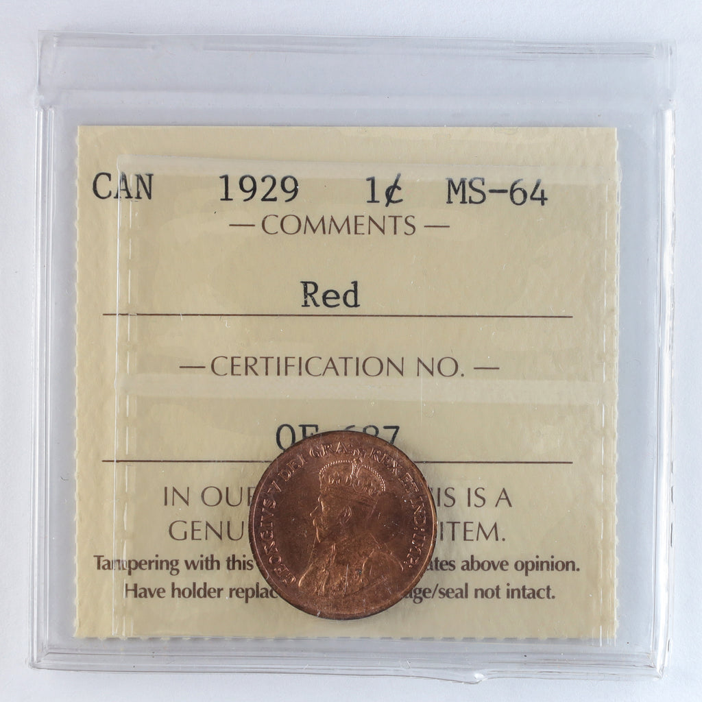 1929 Canada 1-cent ICCS Certified MS64 Red (OF 687)