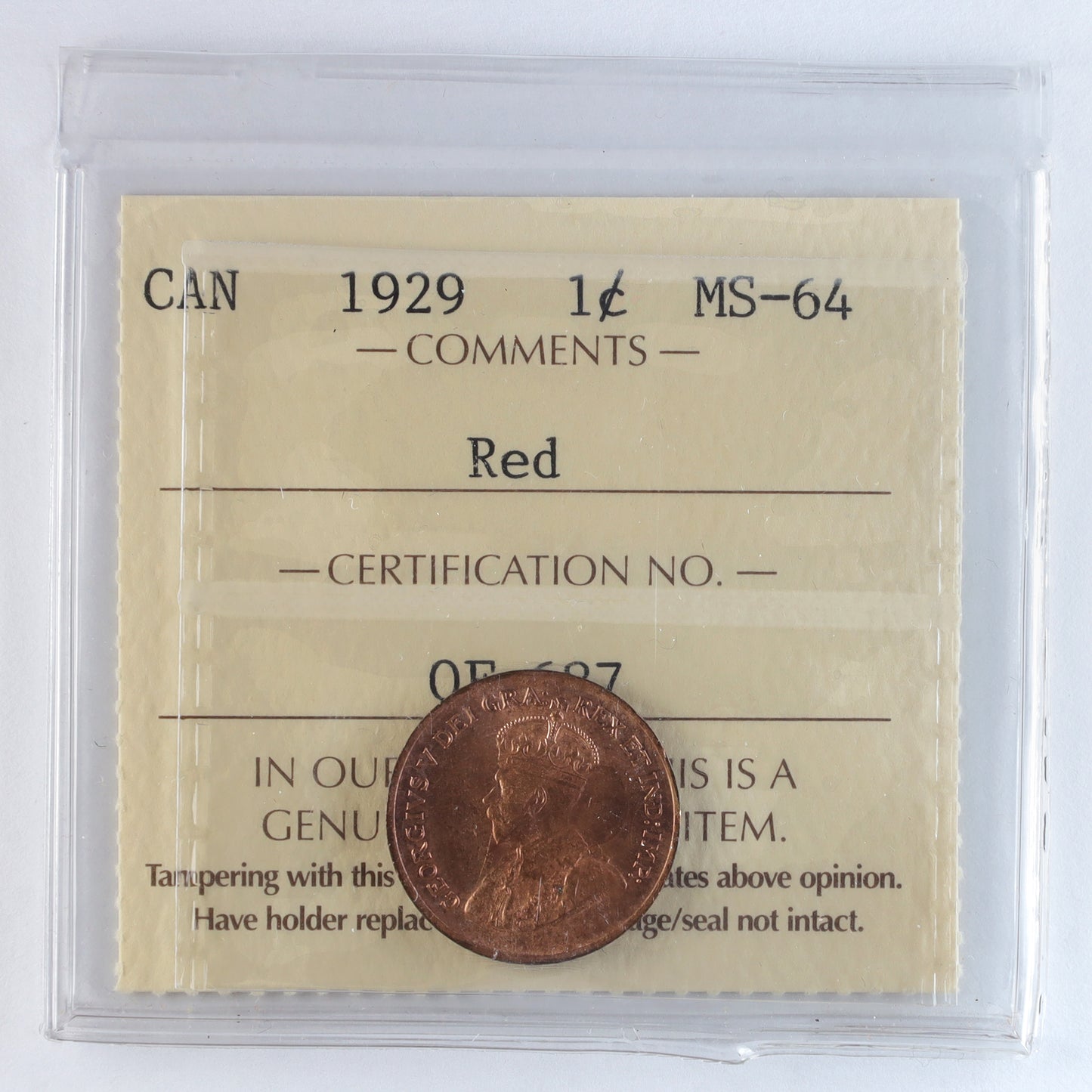 1929 Canada 1-cent ICCS Certified MS64 Red (OF 687)
