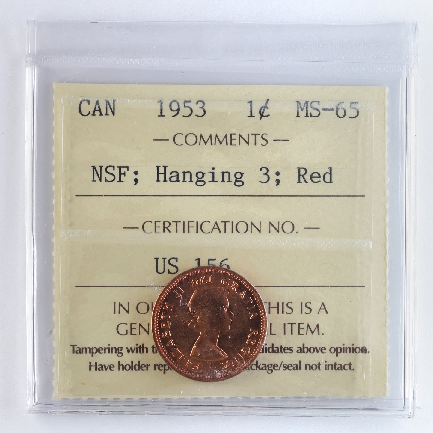 1953 NSF, Hanging 3 Canada 1-cent ICCS Certified MS65 Red